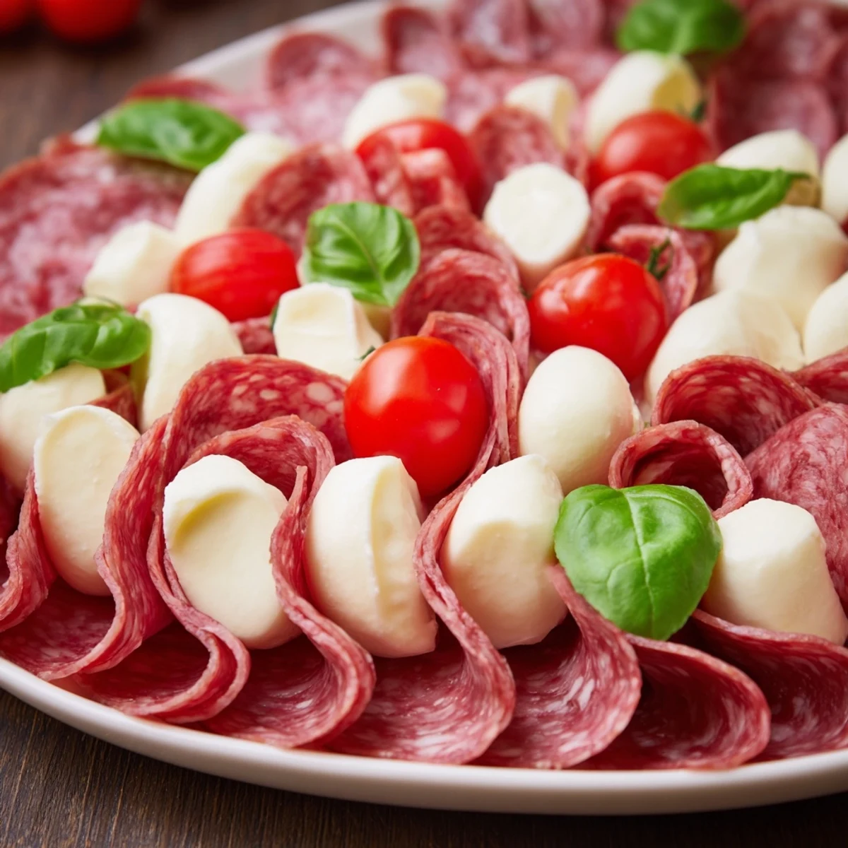 A beautifully arranged Folded Salami Wreath appetizer with fresh mozzarella and vibrant tomatoes.