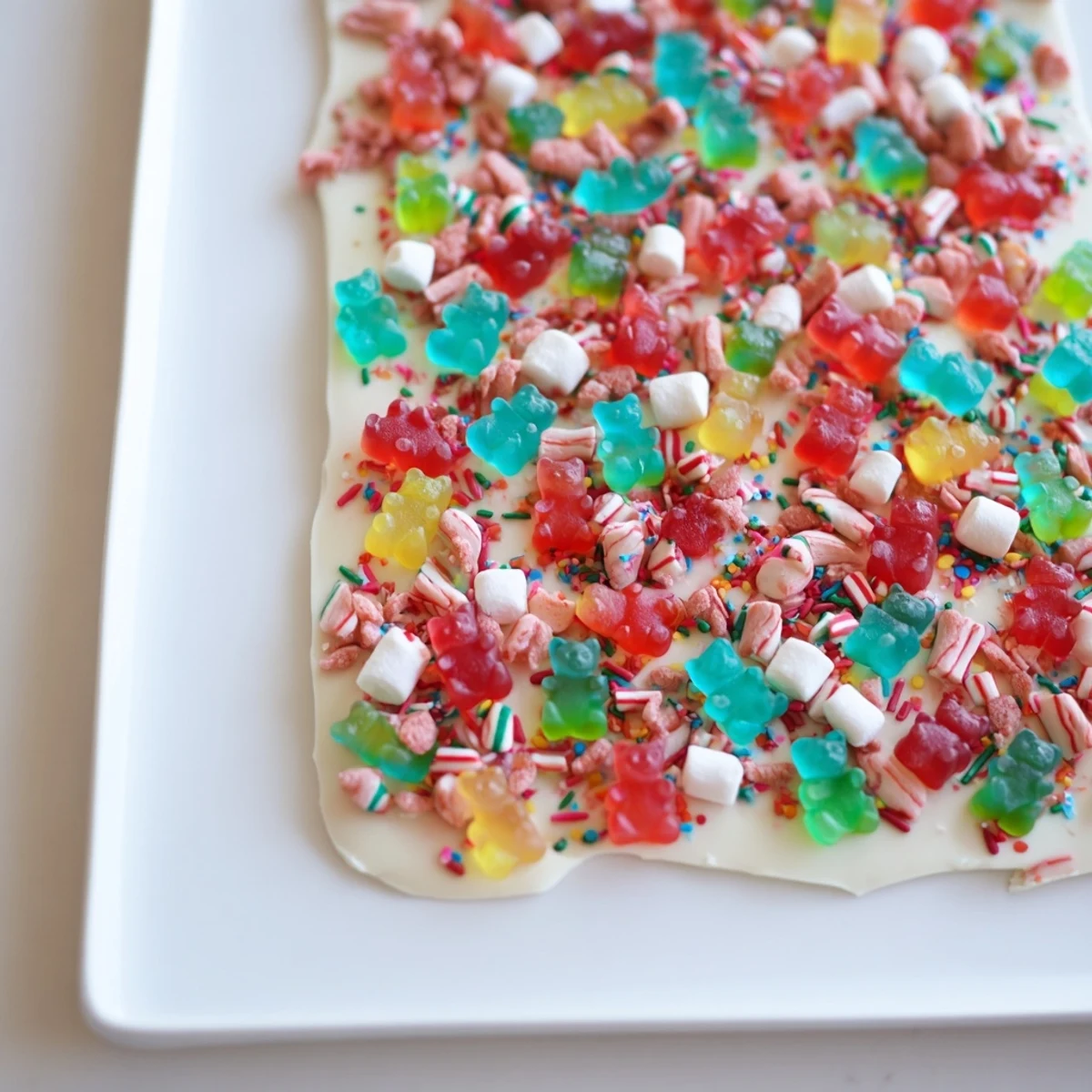 Festive chocolate bark garnished with vibrant gummy bears and crushed candy canes, ready to enjoy.