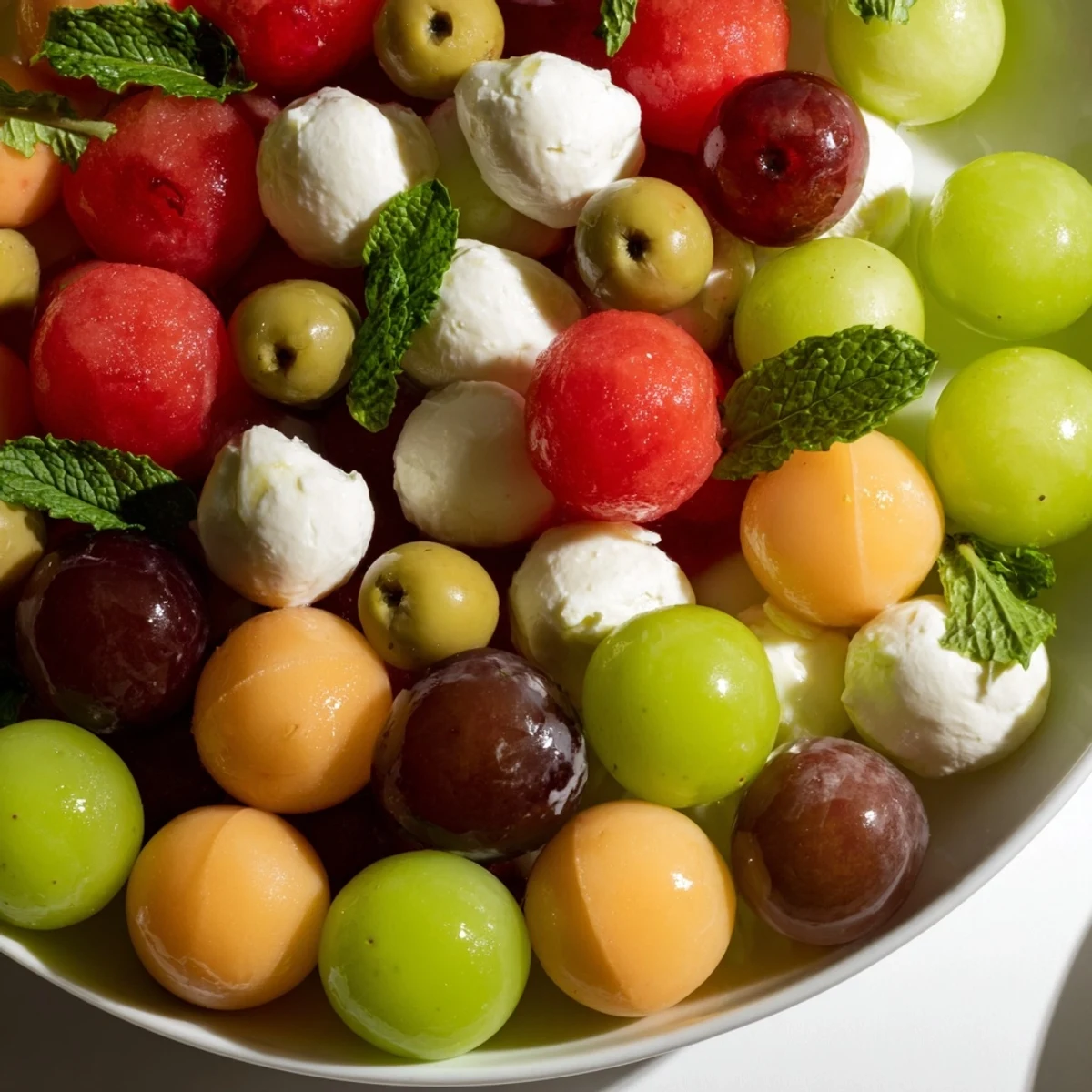 A vibrant polka dot platter appetizer with melon balls, grapes, and mozzarella.