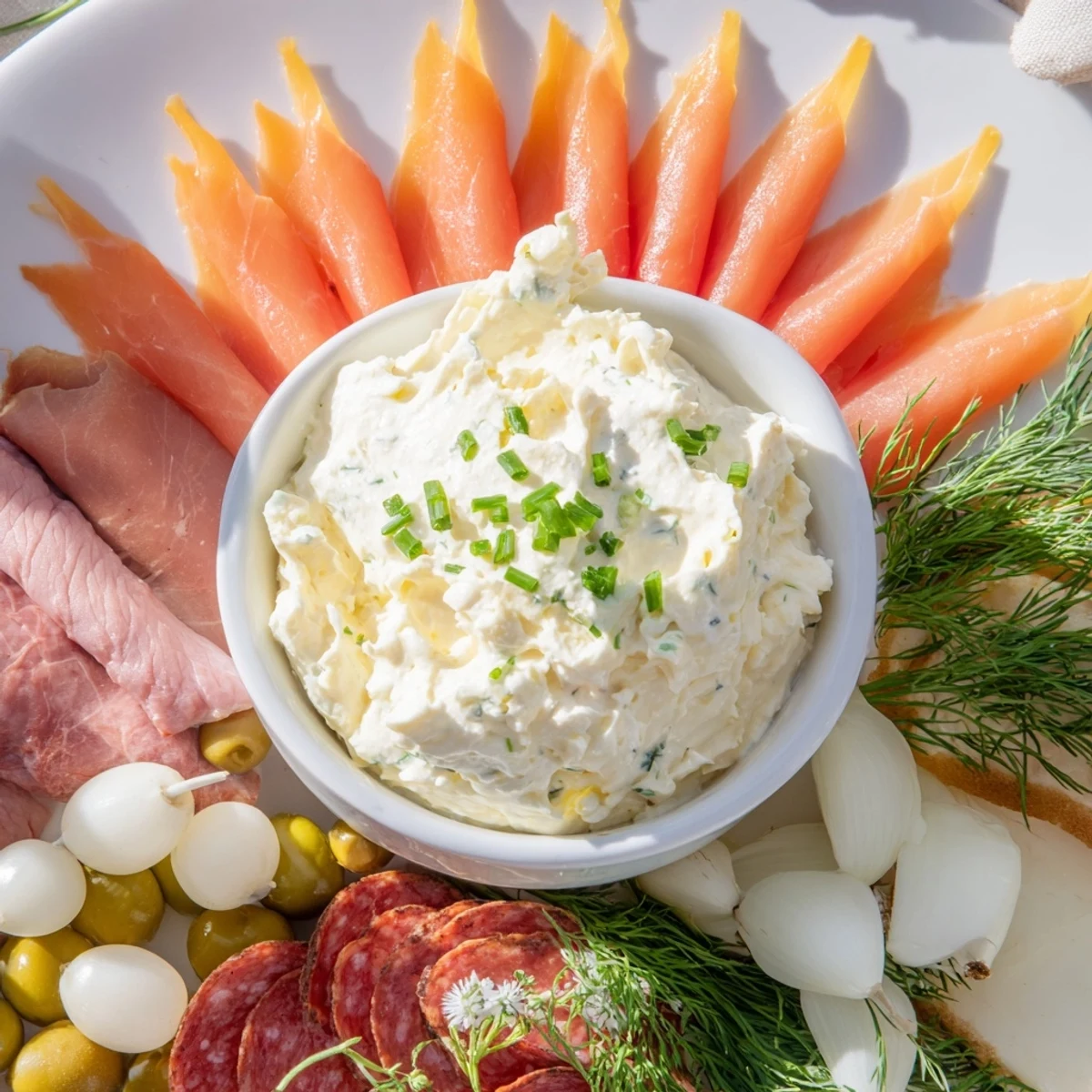 This Compass Rose, a party appetizer, features an artful arrangement of cured meats and dips.