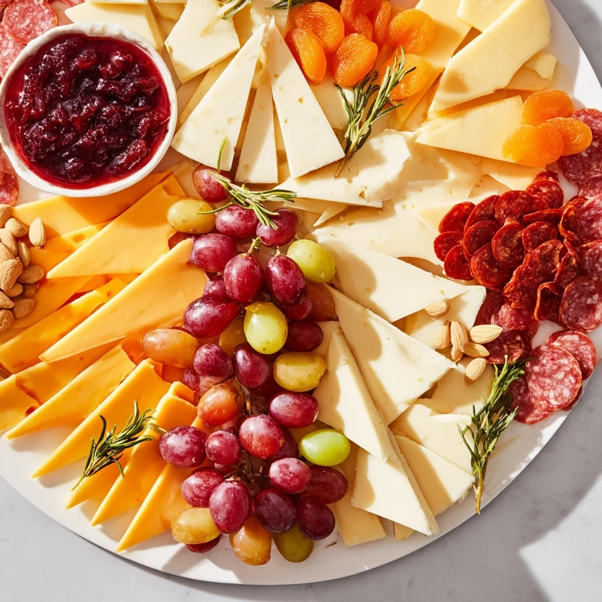 The Geometric Gala: cheeses, meats, and fruit artfully arranged in geometric shapes for a gourmet appetizer.