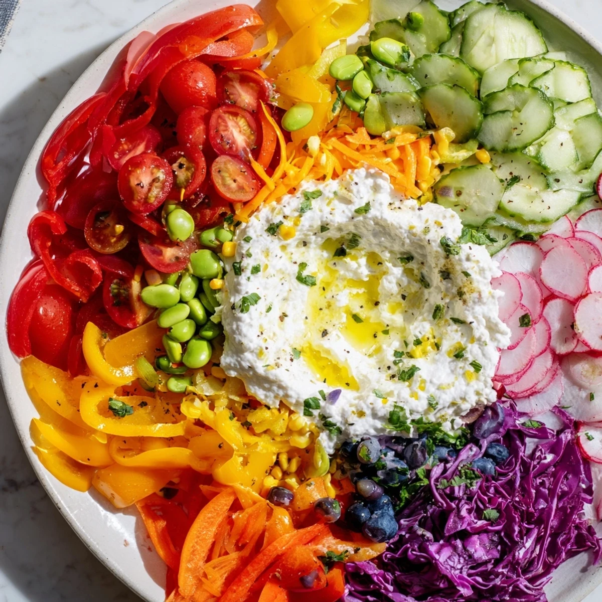 A vibrant, layered The Prism Burst salad, with fresh vegetables and fruits fanning out beautifully.