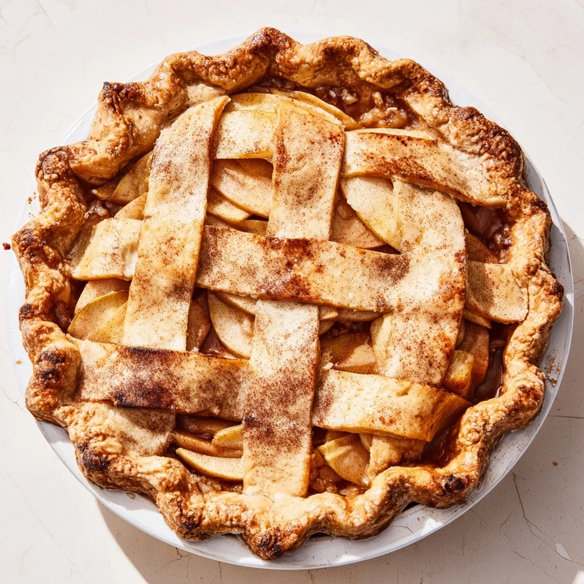 Una foto de un "The Lattice Orchard", un postre con manzanas y un crujiente dorado.