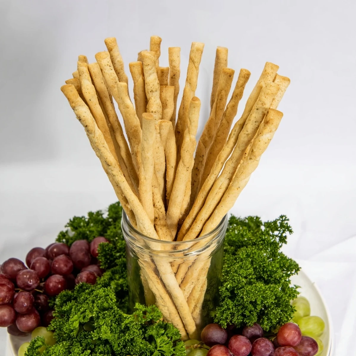 Vertical Forest appetizer: Breadsticks displayed upright, surrounded by green parsley and colorful grape clusters.