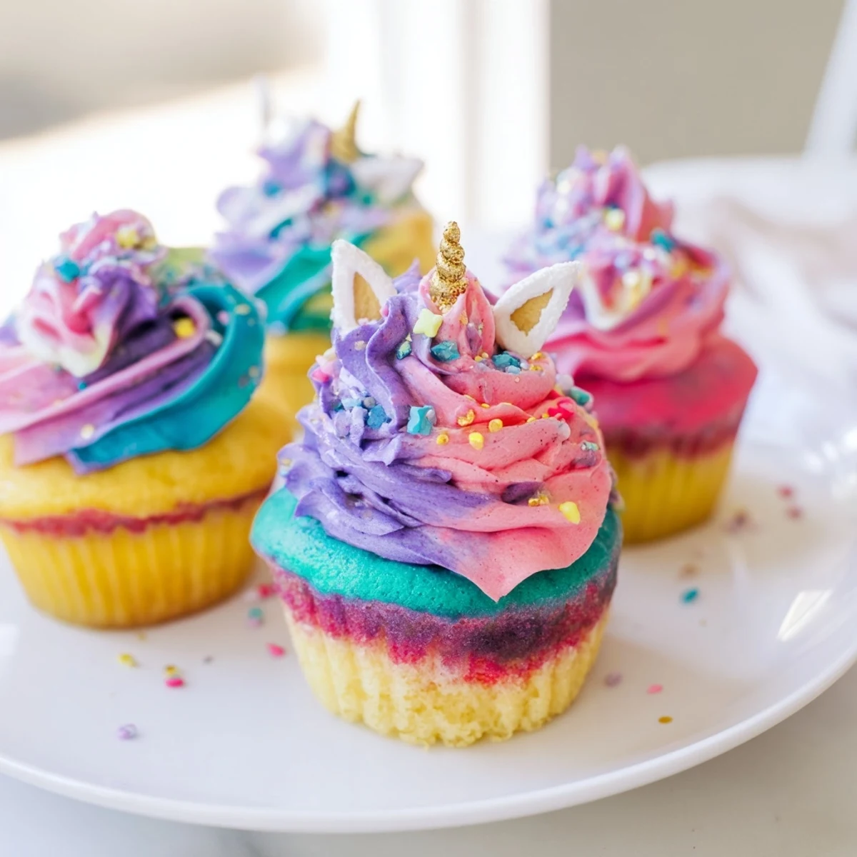 This Magical Unicorn Dessert Table features colorful cupcakes topped with swirling frosting and sprinkles.