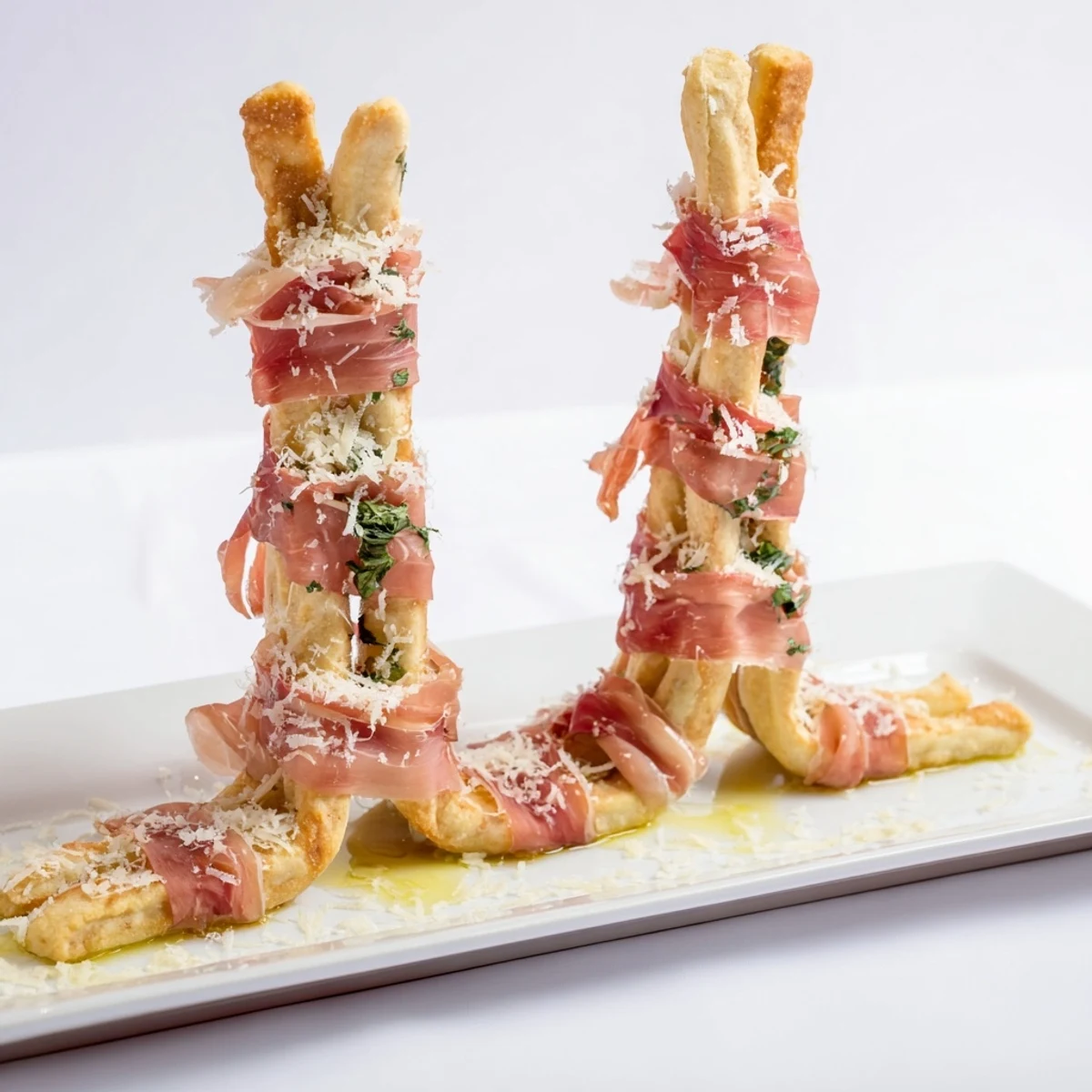 Golden Gate appetizer with prosciutto draped between breadstick towers, ready to enjoy.