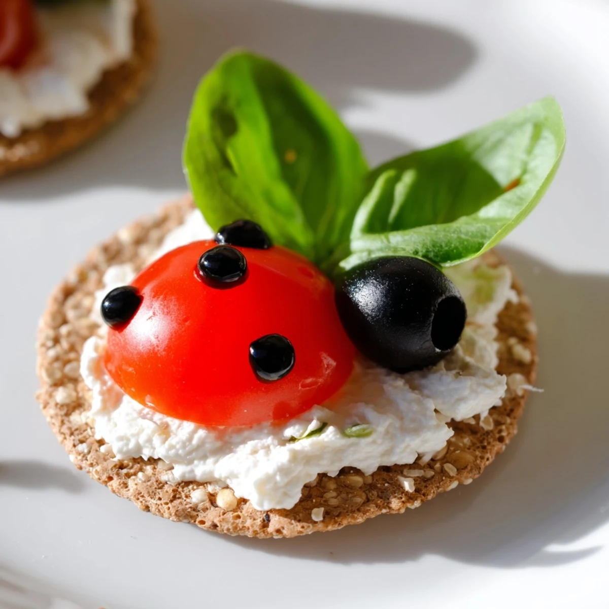 Ladybug Love Picnic Finger Foods: Cream cheese-topped crackers with tomato ladybugs for a fun picnic snack.