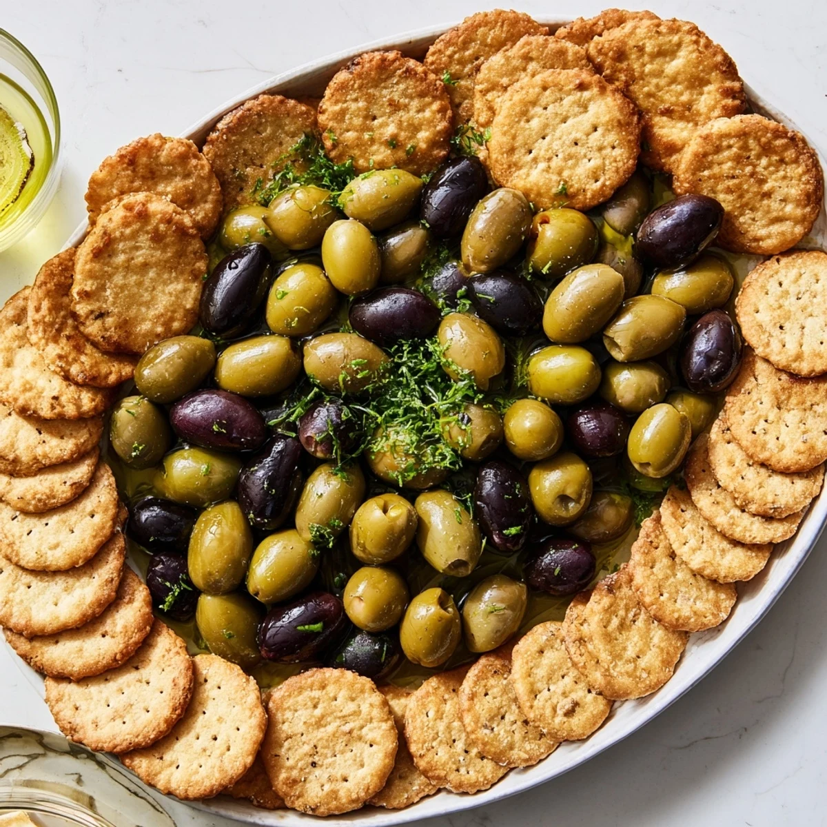 Crisp crackers encircle olives in this Roman Colosseum snack platter, an easy and tasty appetizer to serve.