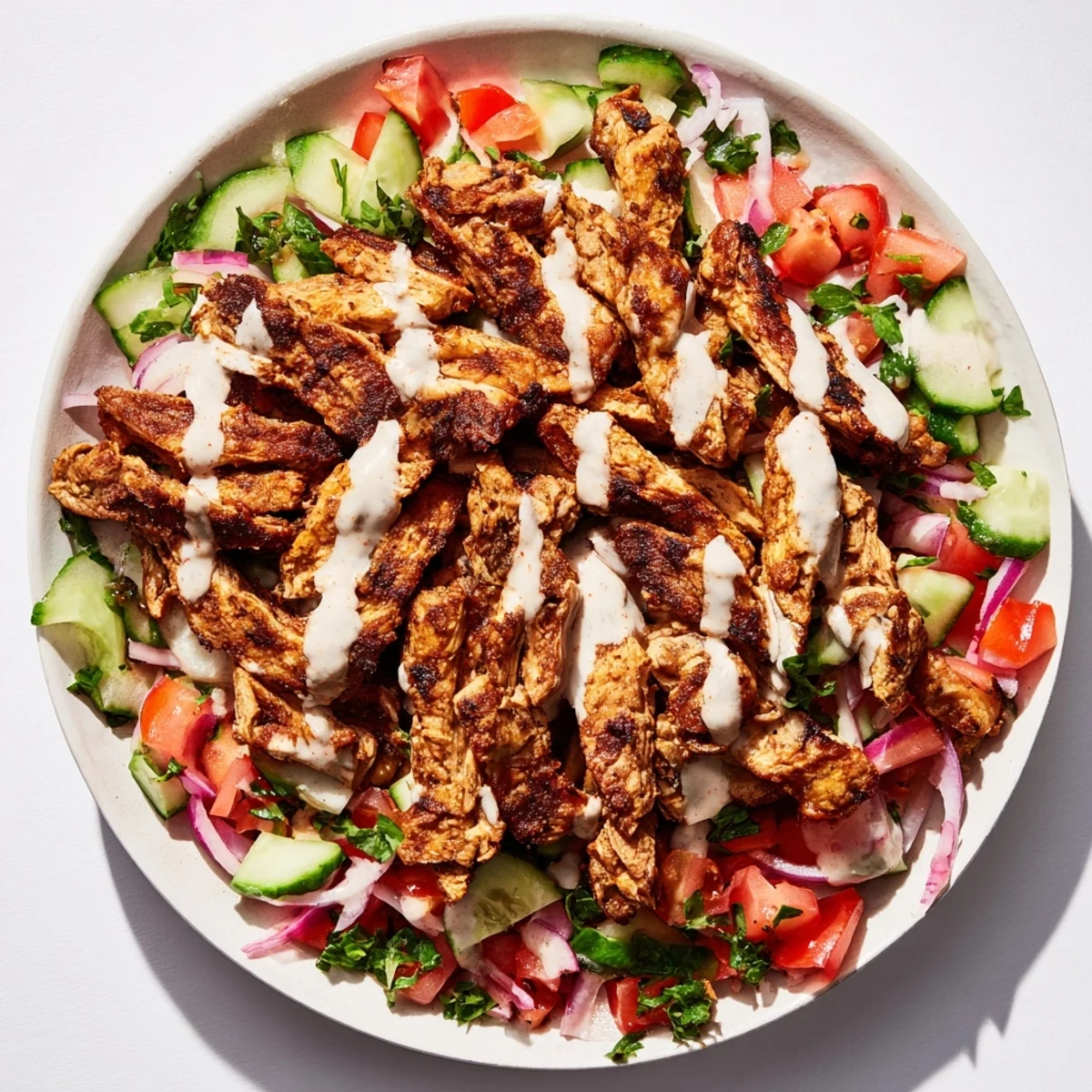 This Chicken Shawarma Salad features juicy, grilled chicken over a fresh salad, drizzled with tahini.