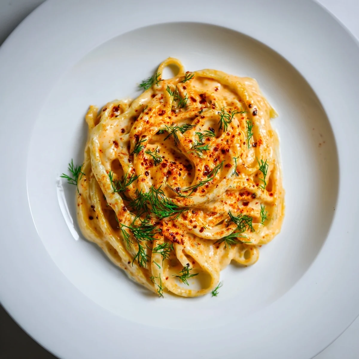 Turkish Pasta drizzled with vibrant paprika chili butter, ready to serve with fresh herbs.