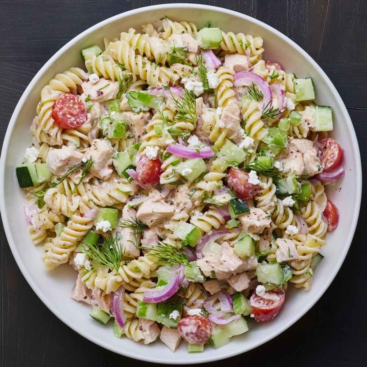 Everything Bagel Chicken Pasta Salad, bursting with flavor: A close-up view of the hearty pasta.