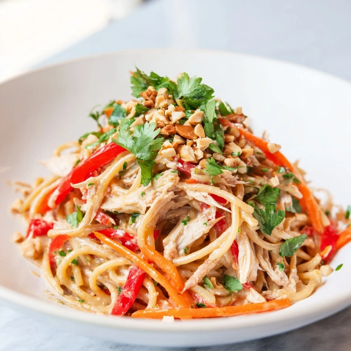 Close-up of freshly prepared Thai-Inspired Peanut Chicken Pasta, perfect for a flavorful weeknight meal.