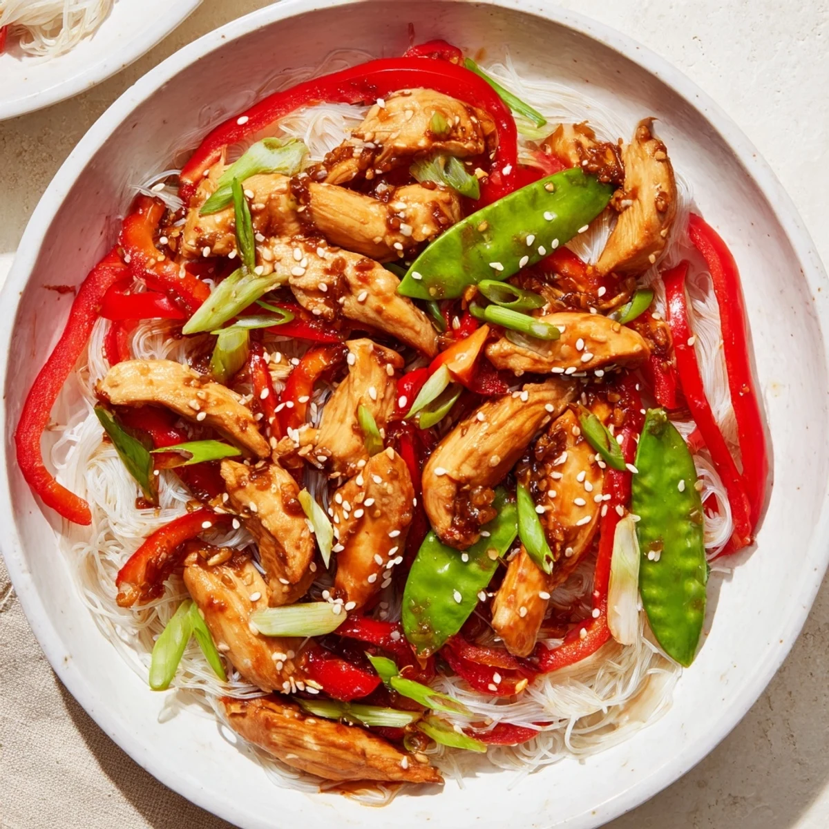 Golden-brown chicken pieces and fresh vegetables in a flavorful Mongolian Chicken with Rice Noodles stir-fry.