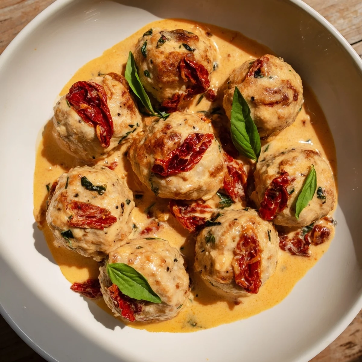 Tender Marry Me Chicken Meatballs simmering in a rich, creamy sun-dried tomato sauce, ready to serve.