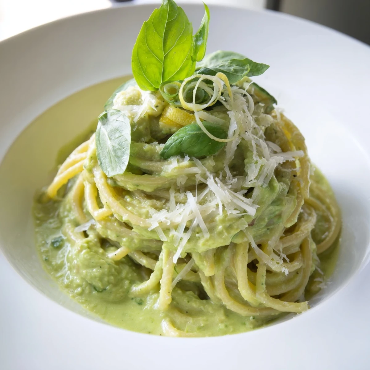 Freshly made creamy avocado pasta, garnished with basil and parmesan, ready to savor.