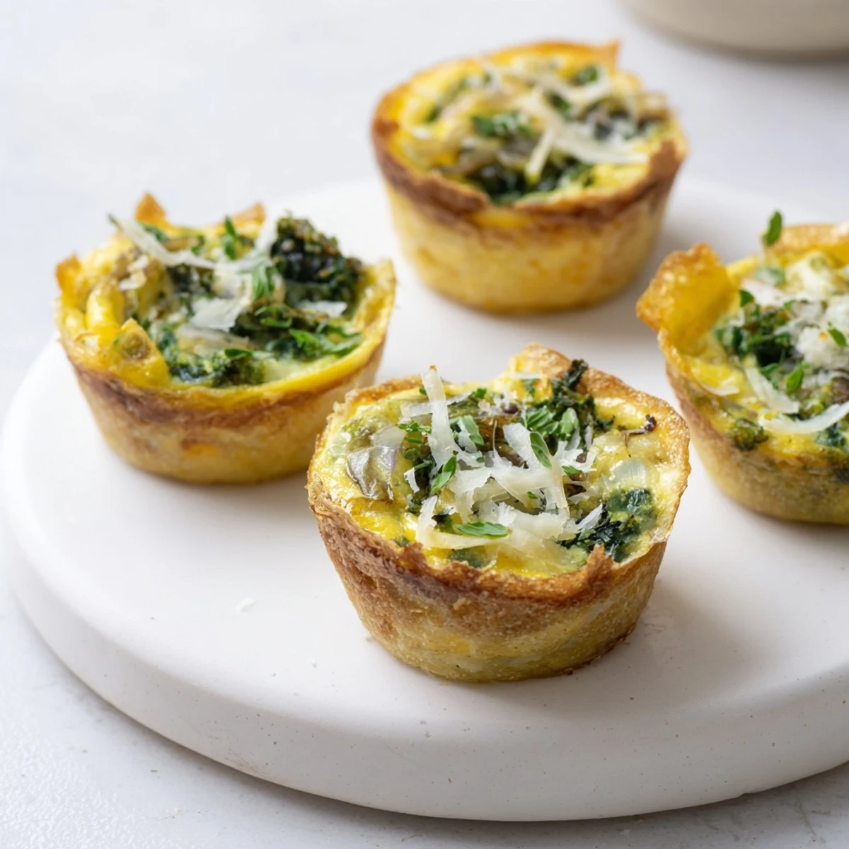 Freshly made Mini Crustless Quiches, perfect for brunch, nestled in a muffin tin ready to serve.