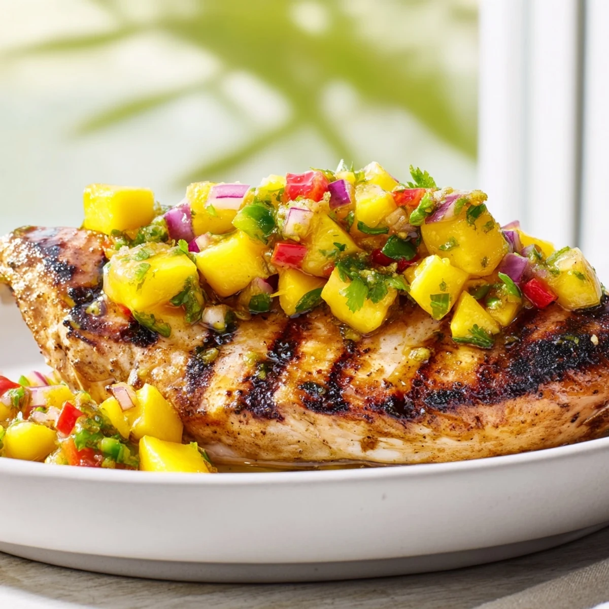Grilled Mango Salsa Chicken with bright, colorful mango salsa, a fresh tropical main dish.