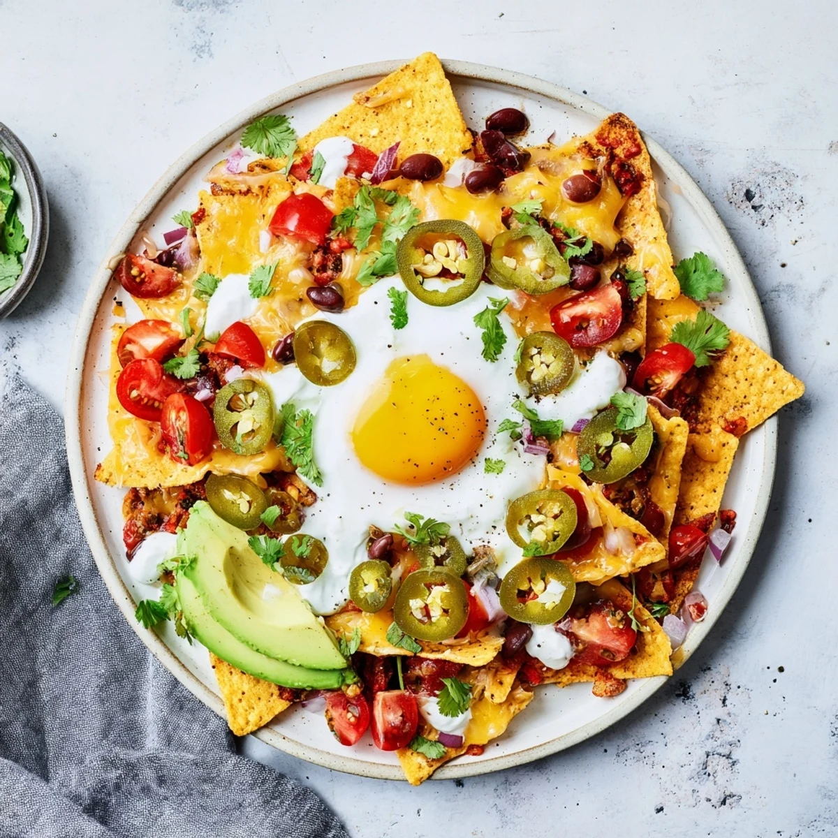 Egg-Topped Breakfast Nachos, a Tex-Mex delight: golden chips bursting with melted cheese and fresh toppings.
