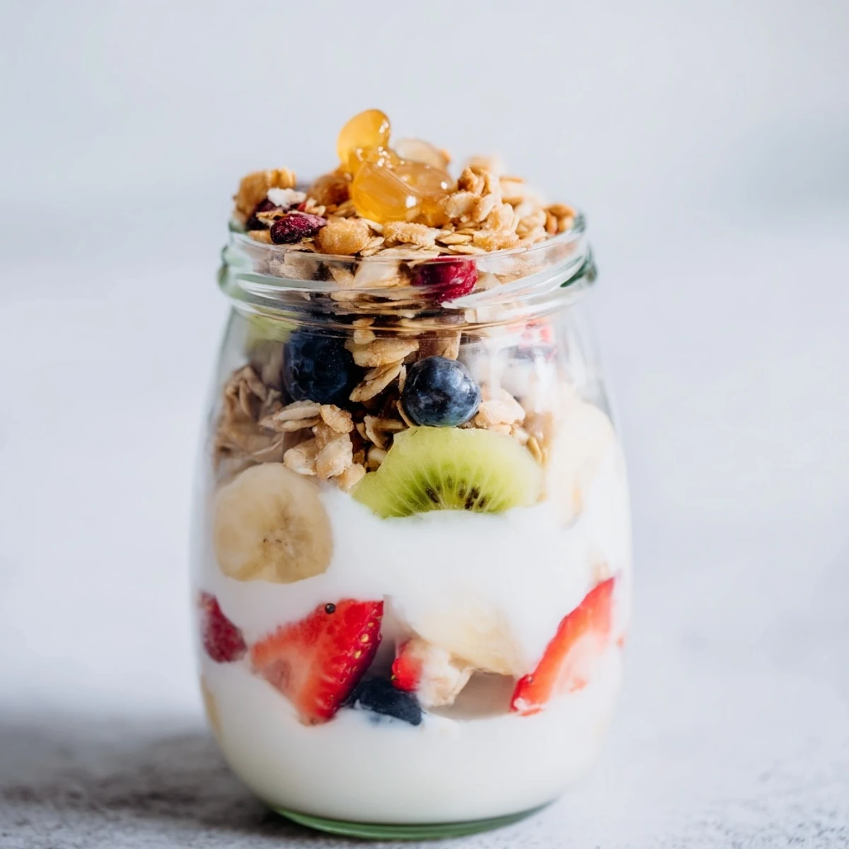 Layered Yogurt Fruit Parfait: A layered parfait featuring colorful fruit, crunchy granola, and creamy yogurt, a healthy breakfast.