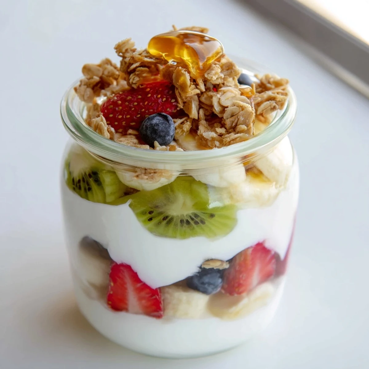 This Layered Yogurt Fruit Parfait recipe showcases a beautiful, layered breakfast cup with fresh berries and granola.
