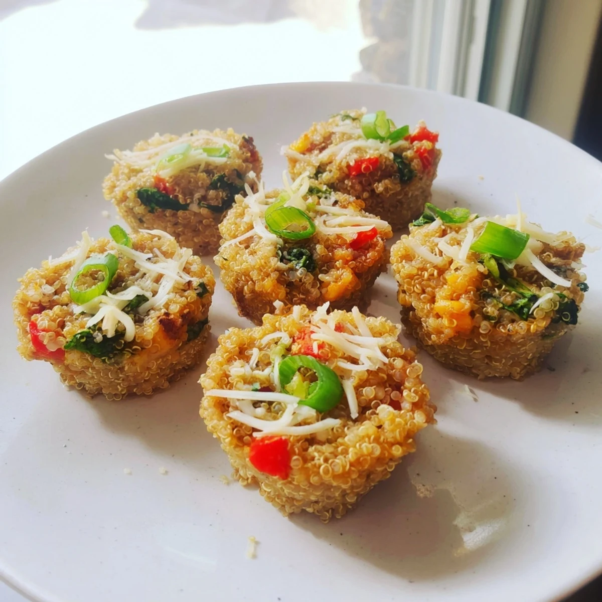 Close-up of freshly baked Cheddar Quinoa Bites, showing the fluffy quinoa and melted cheese textures.