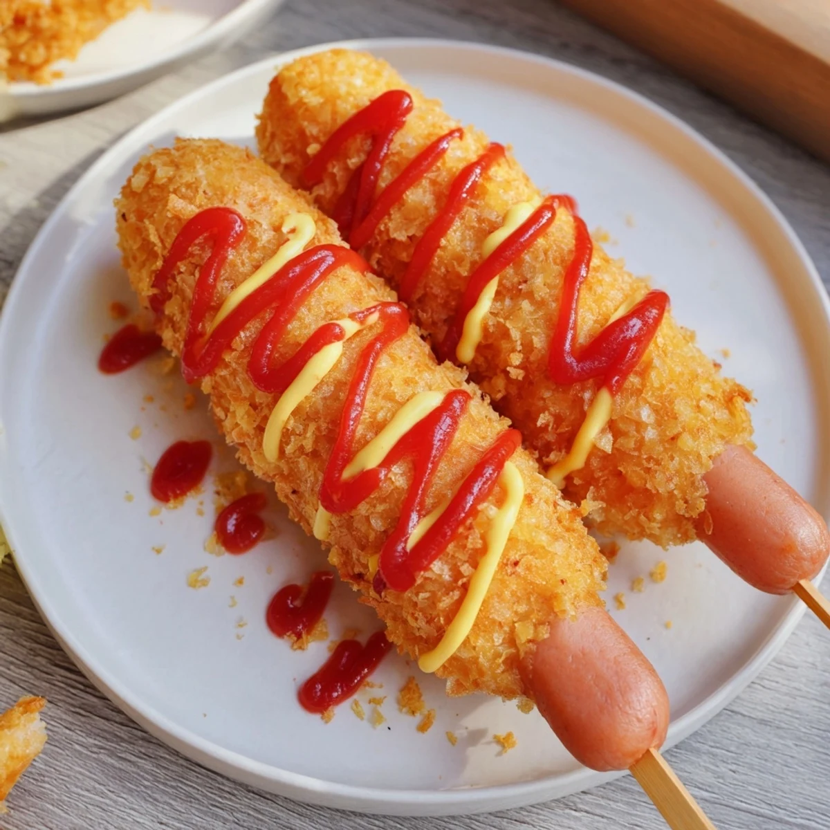 Golden, crispy Korean-Inspired Corn Dogs, ready to eat, are a perfect savory snack.