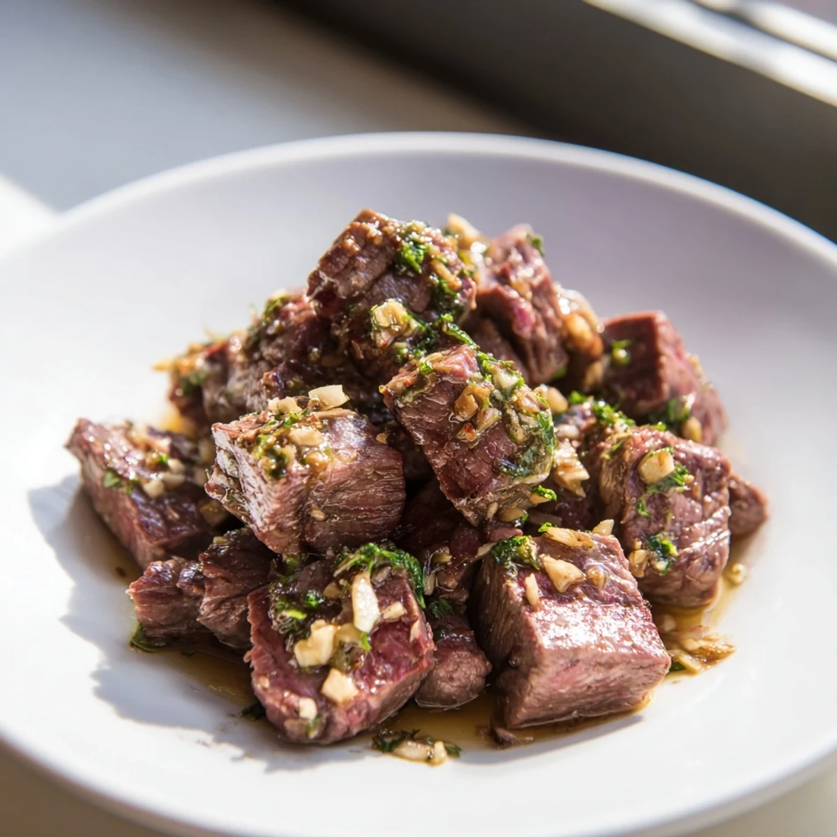 Air-Fryer Garlic-Butter Steak Bites, glistening with savory sauce, perfect for a quick and flavorful appetizer.