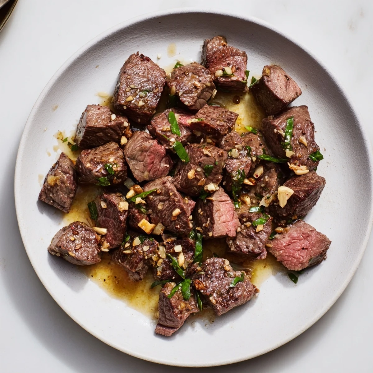 Golden-brown Air-Fryer Garlic-Butter Steak Bites, ready to serve with fresh parsley, an easy main dish.