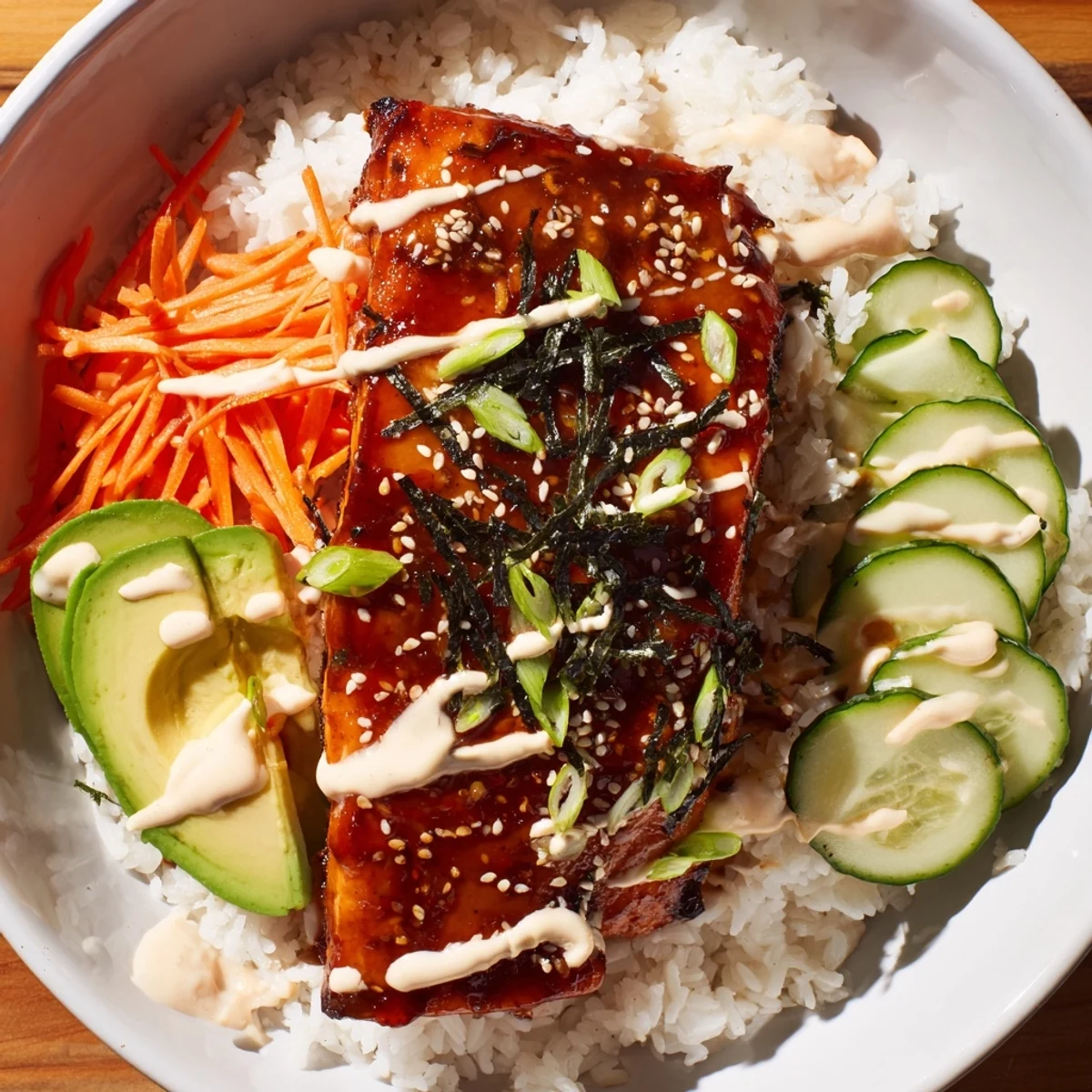 Arroz con salmón y teriyaki, con espárragos y cebolletas frescas, es un plato fácil de preparar.