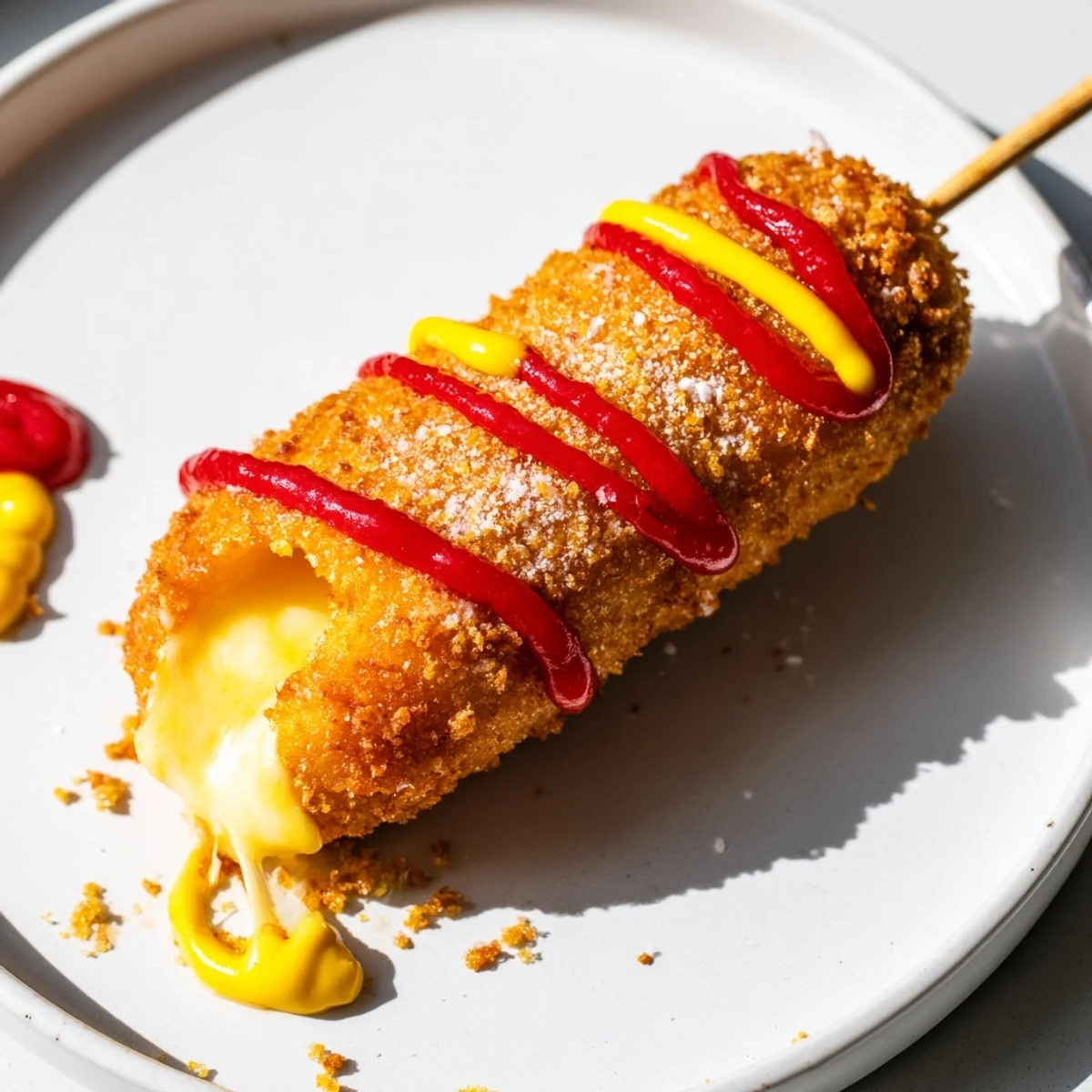 These crispy Cheesy Korean Corn Dogs are coated in crunchy breadcrumbs, ready to enjoy.