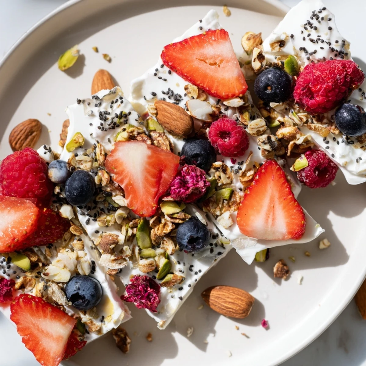 Here are 3 unique ALT image texts for "Frozen Fruit Yogurt Bark":