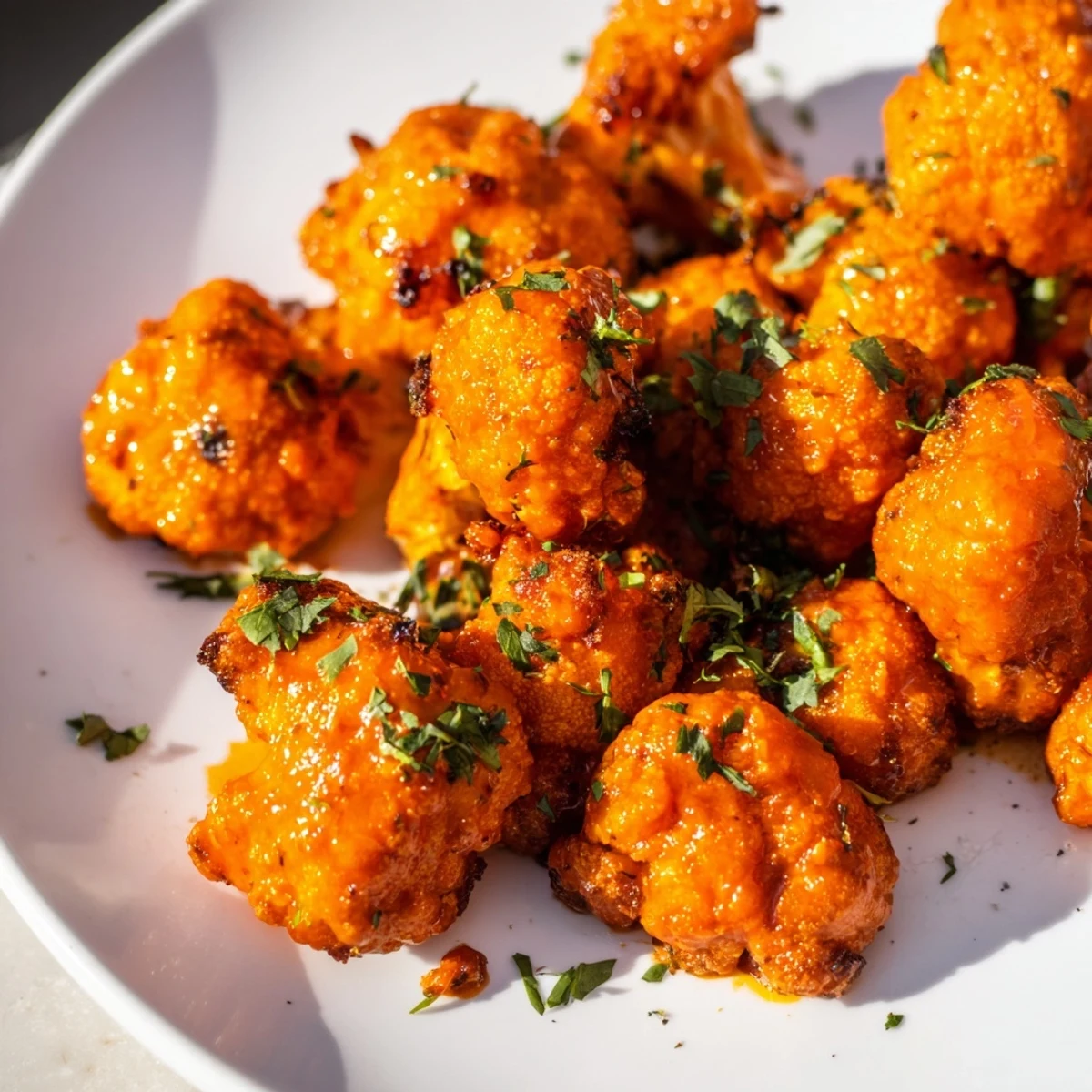 Freshly baked Buffalo Cauliflower Bites, with optional herbs and dipping sauce, a tasty snack.