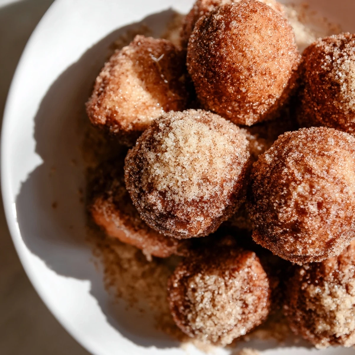 A close-up of delicious Air Fryer Cinnamon Donuts, lightly brushed with butter and covered in sweet cinnamon.