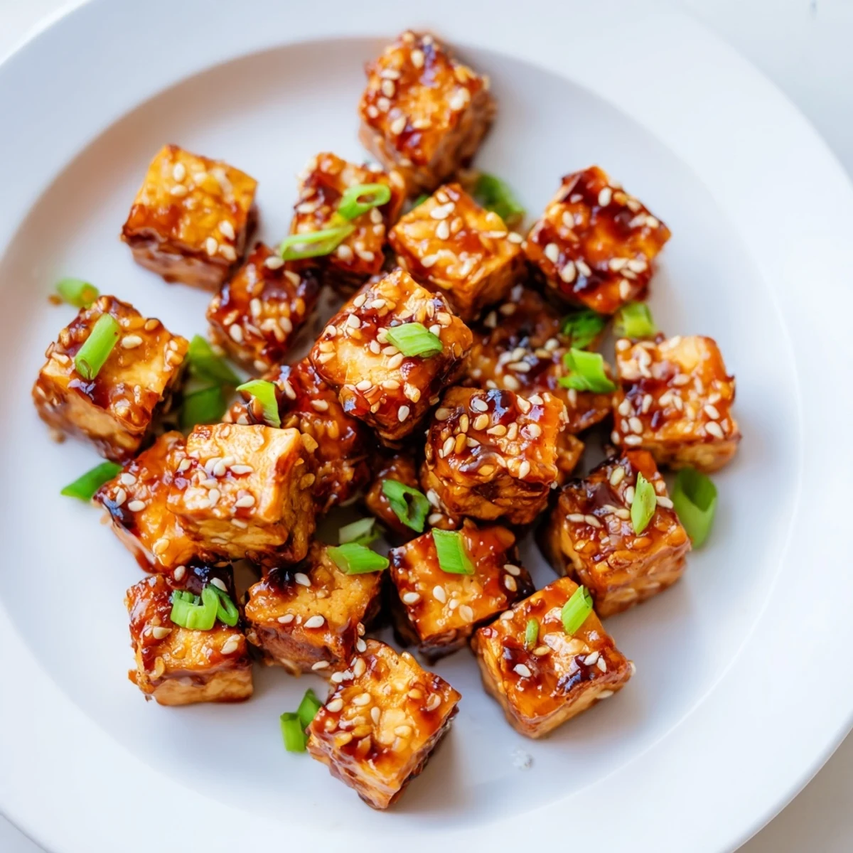 Crispy honey gochujang tofu, glistening with a spicy glaze, ready to serve over rice.