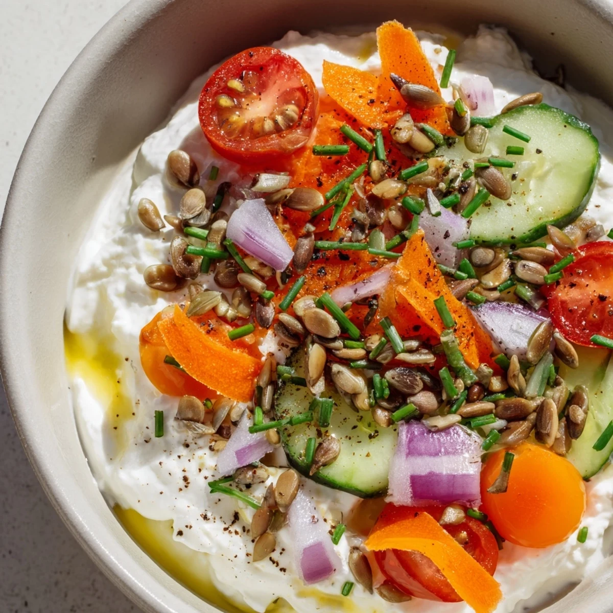 This cottage cheese snack bowl shows a protein-packed remix with crunchy veggies and savory toppings.