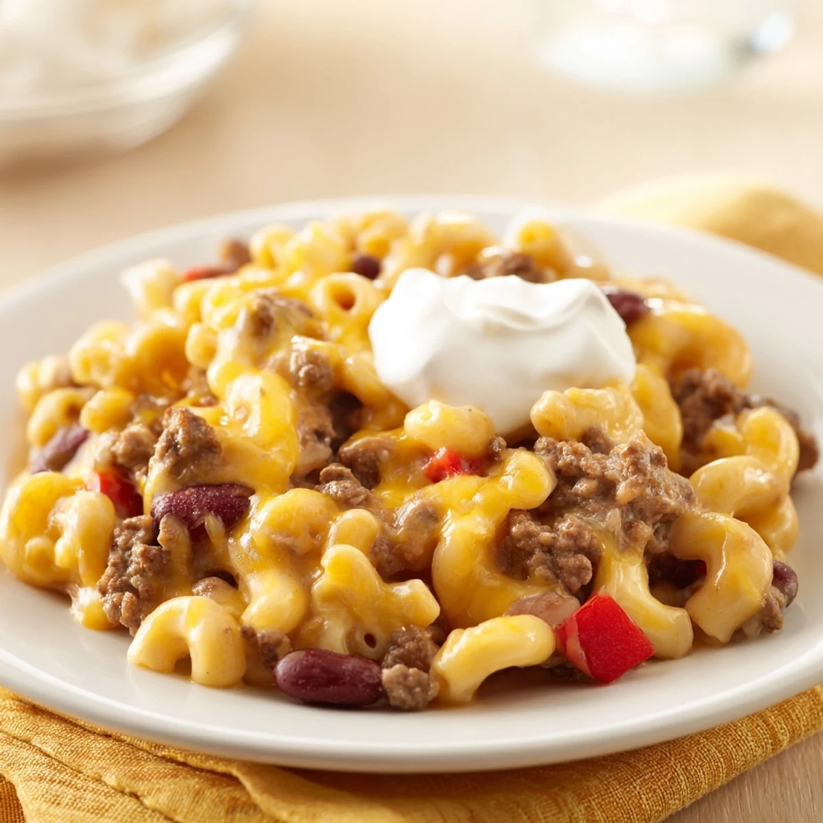 One-Pot Chili Mac bubbling in a Dutch oven, perfect for a hearty and comforting family dinner.