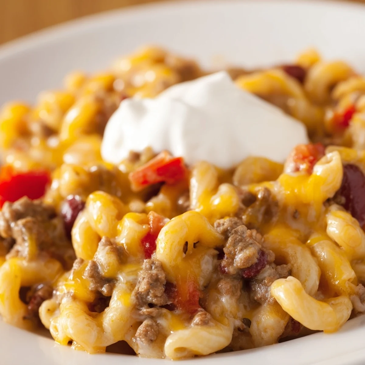 A steaming bowl of One-Pot Chili Mac, topped with melted cheese and ready to eat now.