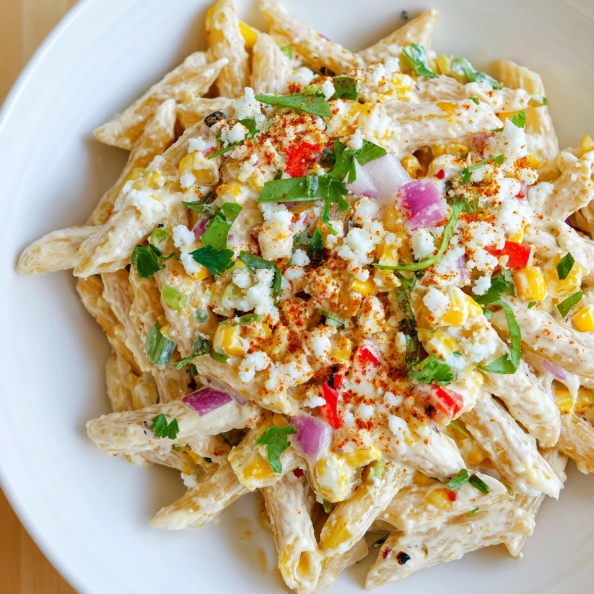 Perfect for summer, this Mexican Street Corn Pasta salad is finished with cotija cheese and fresh cilantro.