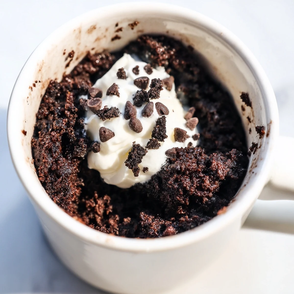 Oreo Mug Cake, a warm, chocolatey dessert, served steaming in a white microwave-safe mug.