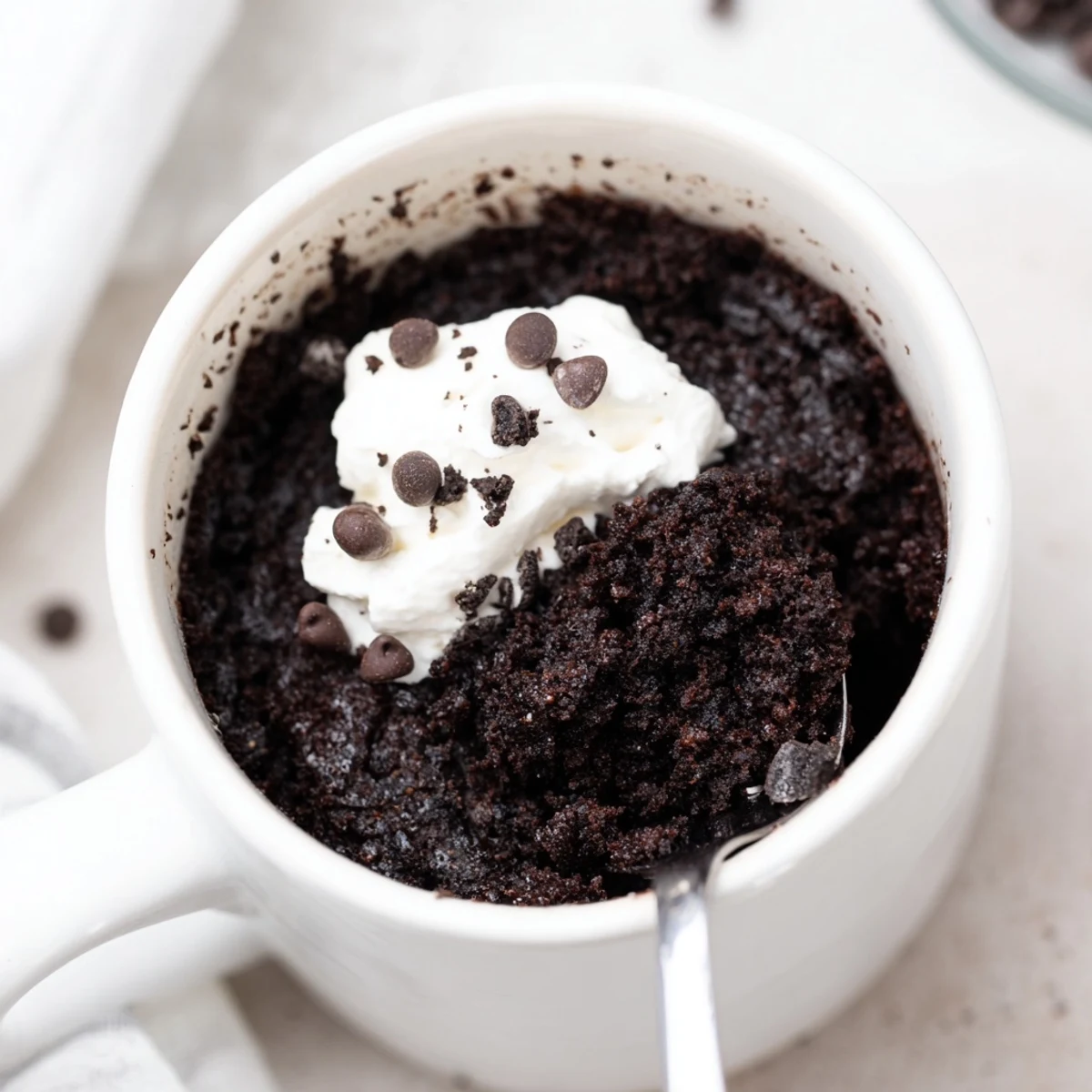 Freshly made Oreo Mug Cake, with whipped cream, ready for a quick, sweet treat.