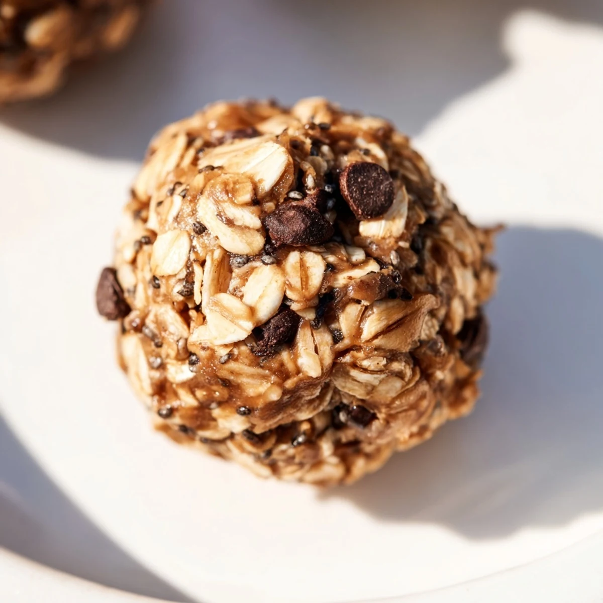 Almond-Chia Energy Bites: a close-up picture of chewy no-bake bites, studded with chocolate chips.