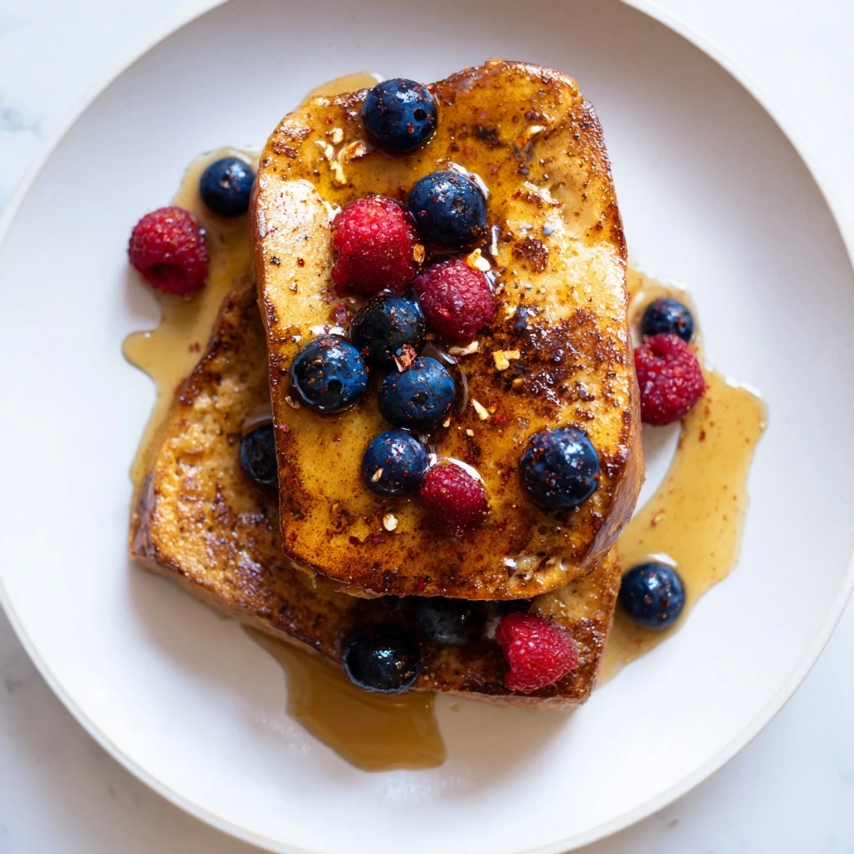 Golden-brown ice cream French toast, the decadent brunch idea, topped with fresh berries.