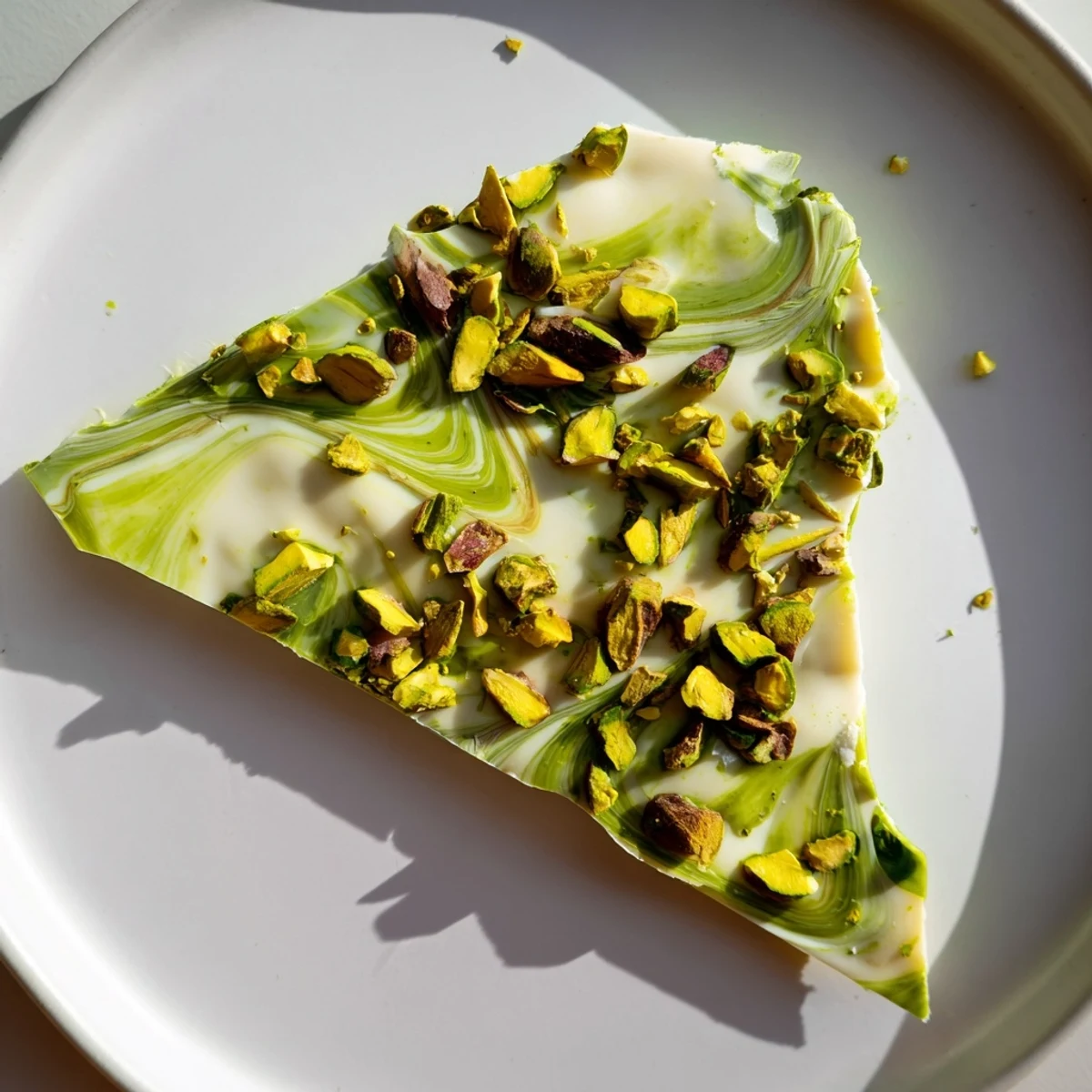 Creamy white chocolate Pistachio Matcha bark, swirled with green matcha and crunchy pistachios, a treat.