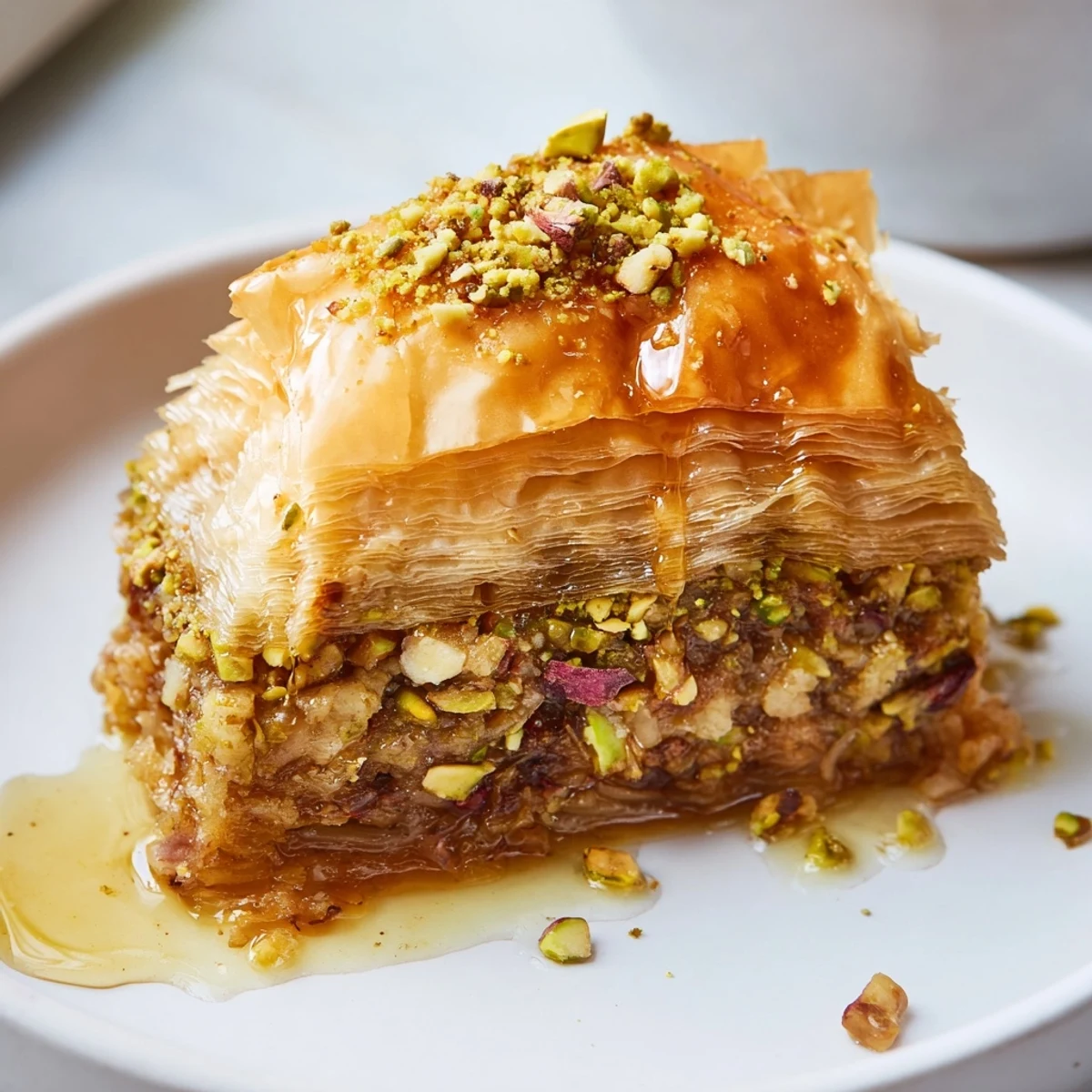 Close-up of a beautifully layered Turkish baklava, showcasing hazelnut and pistachio filling.