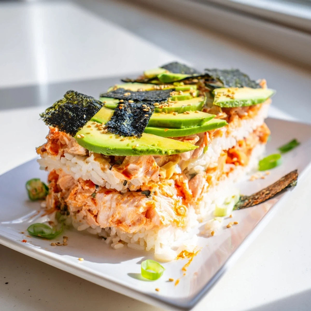 Warm, inviting Sushi Bake casserole, a comforting twist on classic sushi flavors, bubbling and golden.