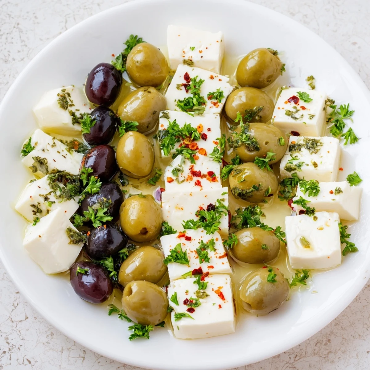 Delicious Turkish Olives & Cheese Board featuring brined olives, with feta, white cheese, and warm pita.