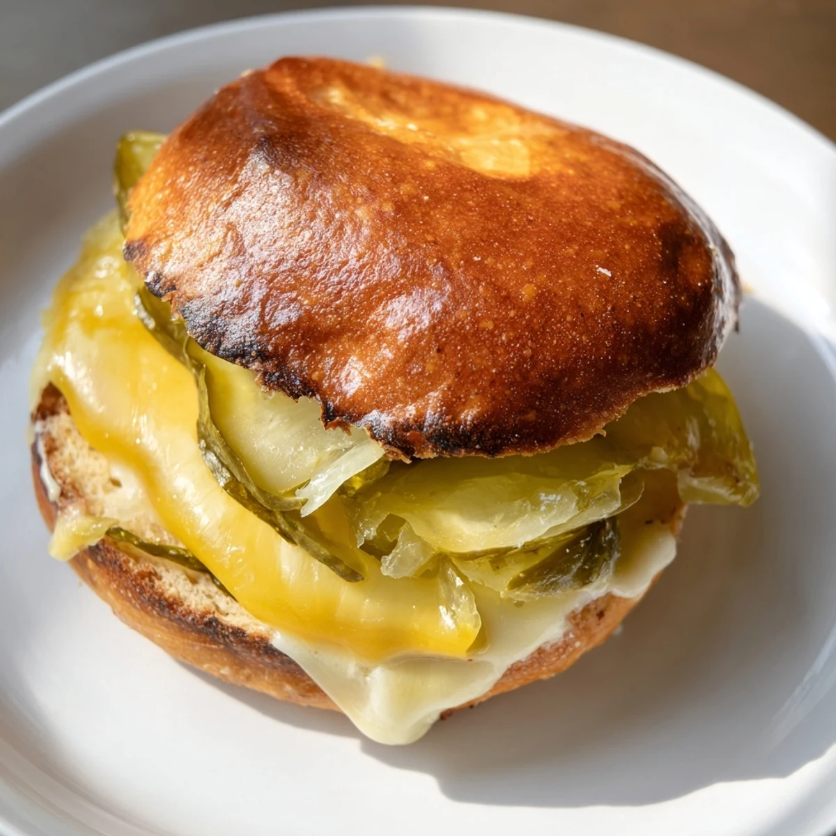 Crispy pickle bread sandwich with golden cheddar cheese, ready for a satisfying lunch.