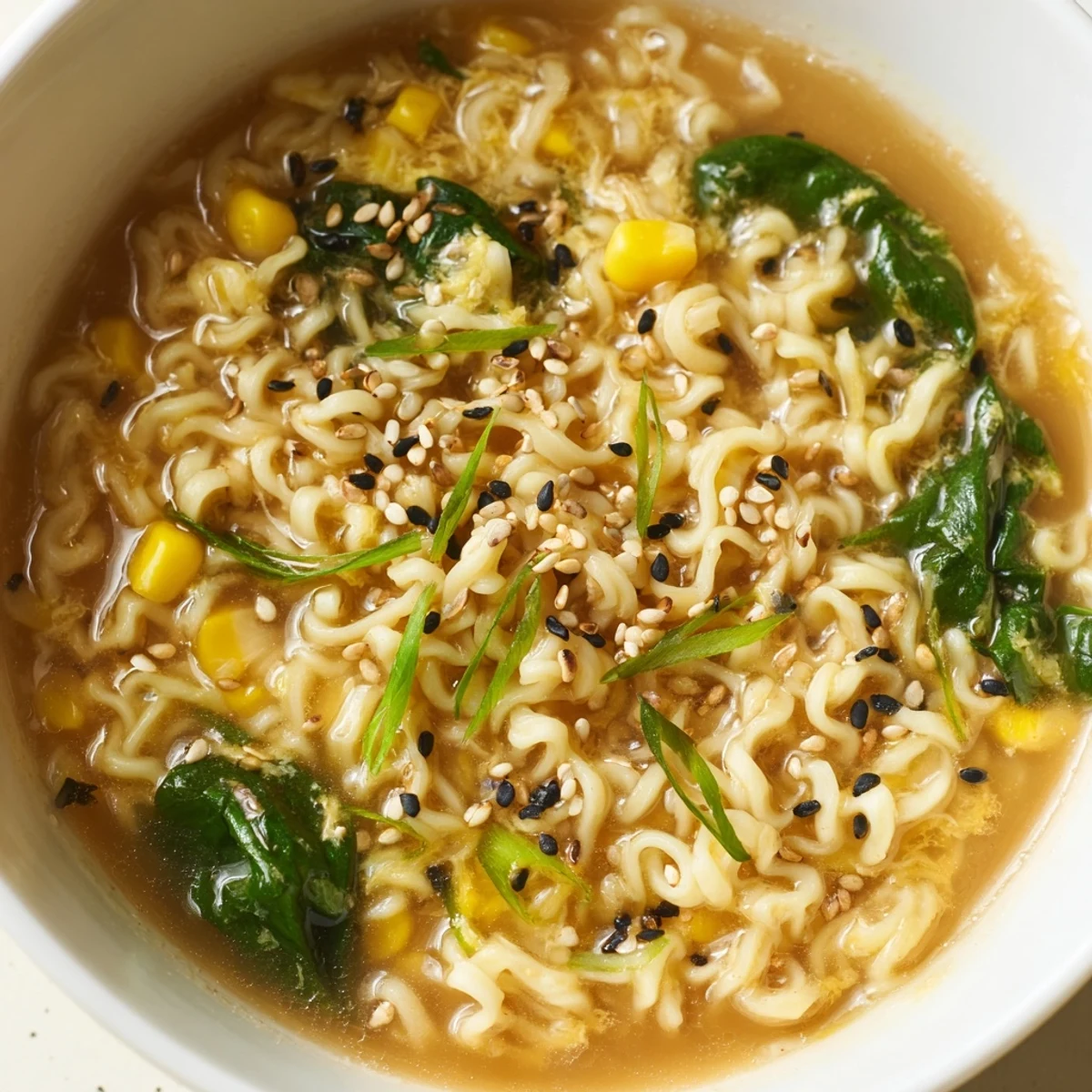 Homemade Elevated Ramen Egg Drop Soup, a quick and comforting soup, garnished with vibrant green scallions.