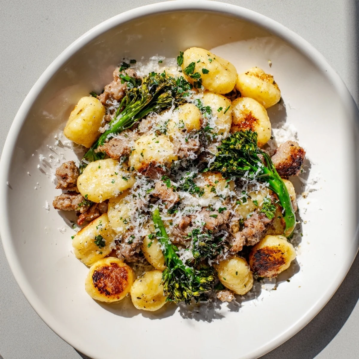 Aromatic sheet pan gnocchi bake: pillowy gnocchi cooked with sausage and broccolini, ready to eat.