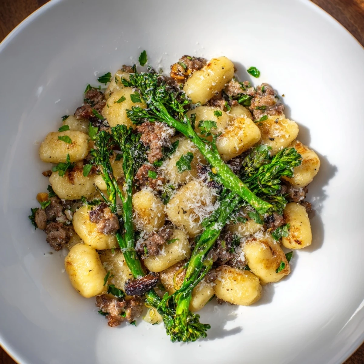 Effortless weeknight dinner: golden, roasted sheet pan gnocchi bake featuring Italian sausage and Parmesan.
